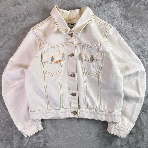 Old Navy Jackets & Blazers - Old Navy Cropped Denim Jacket Women’s L White Embroidered Flower Back Trucker